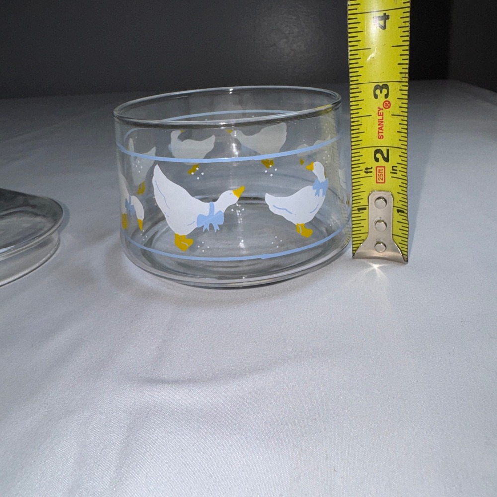 Vintage Clear Glass Goose Canister Jar with Lid White Geese Blue Bows 4.5 Inch - Picture 5 of 8